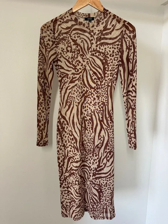 AFRM Shailene Sheer Dress in Taupe Animal XS - Picture 2 of 7